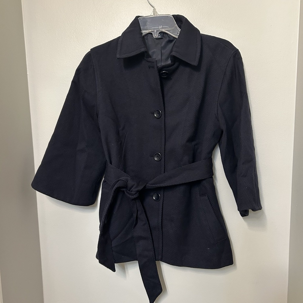 Gap Jacket Wool Blend Navy Blue Collared Removable Belt Pockets Size M Coat EUC